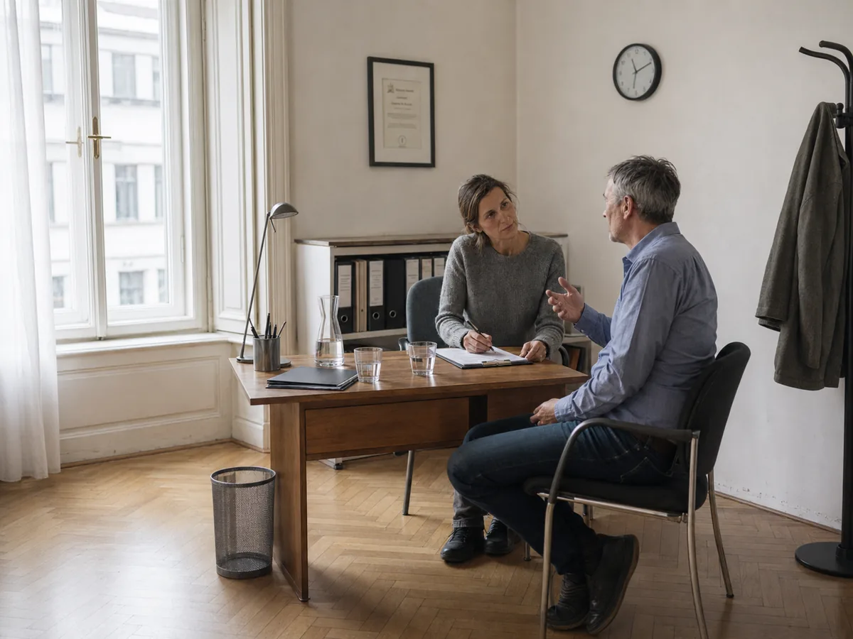 Therapeutin im Gespräch mit einem Patienten in einer Wiener Praxis